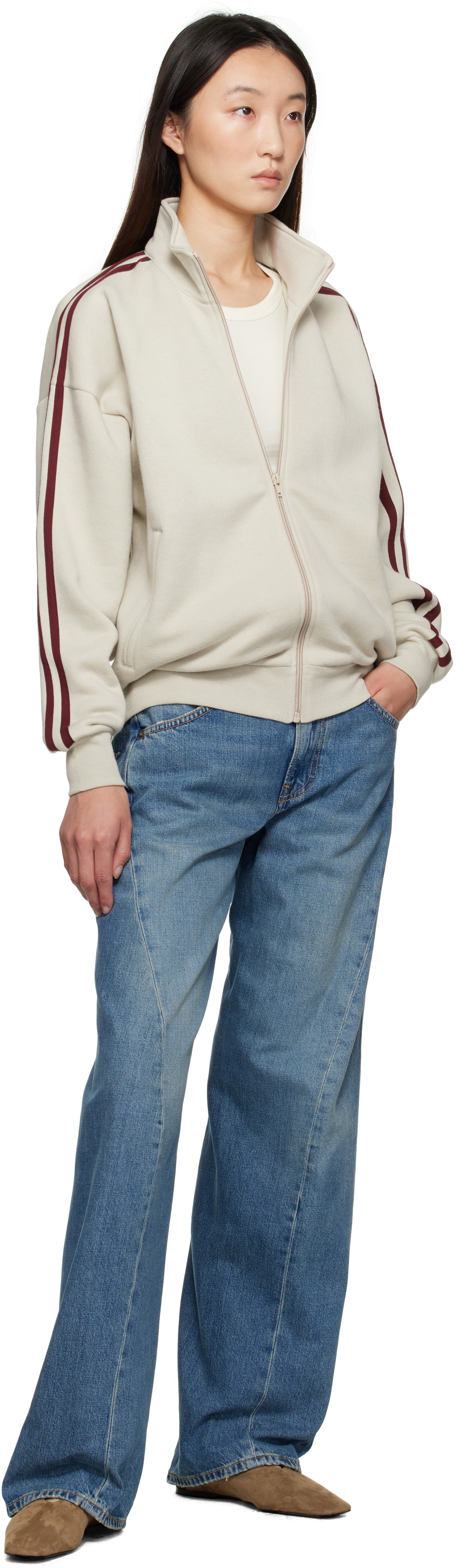 6397 Beige & Burgundy Fleecy Track Zip Up Sweatshirt