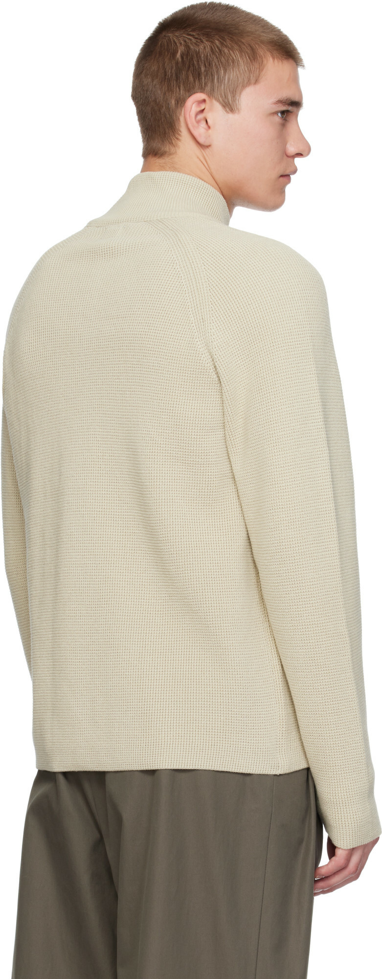 C.P. Company Beige Waffle Knit Cotton Zip Lens Jacket