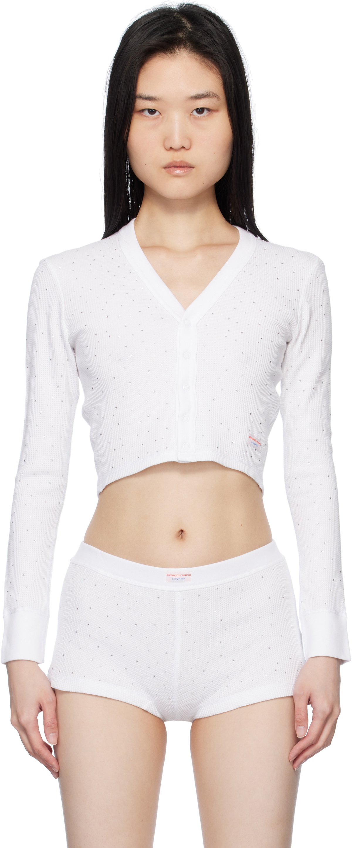 Alexander Wang White Crystal Hotfix Long-Sleeve Waffle Cardigan