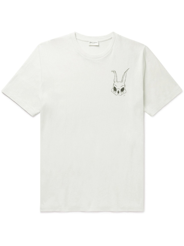 Photo: SAINT LAURENT - Printed Distressed Cotton-Jersey T-Shirt - Neutrals