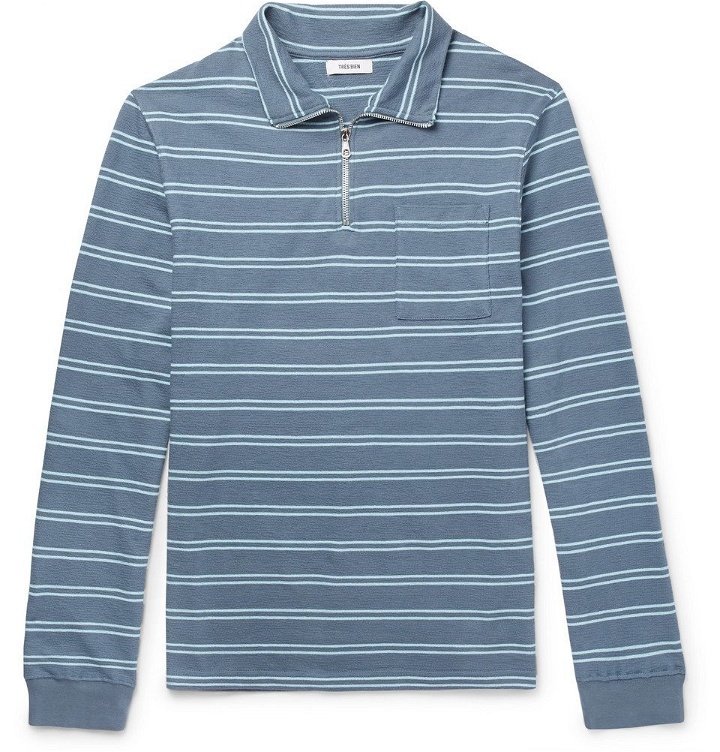Photo: Très Bien - Striped Loopback Cotton-Jersey Half-Zip Sweatshirt - Men - Blue