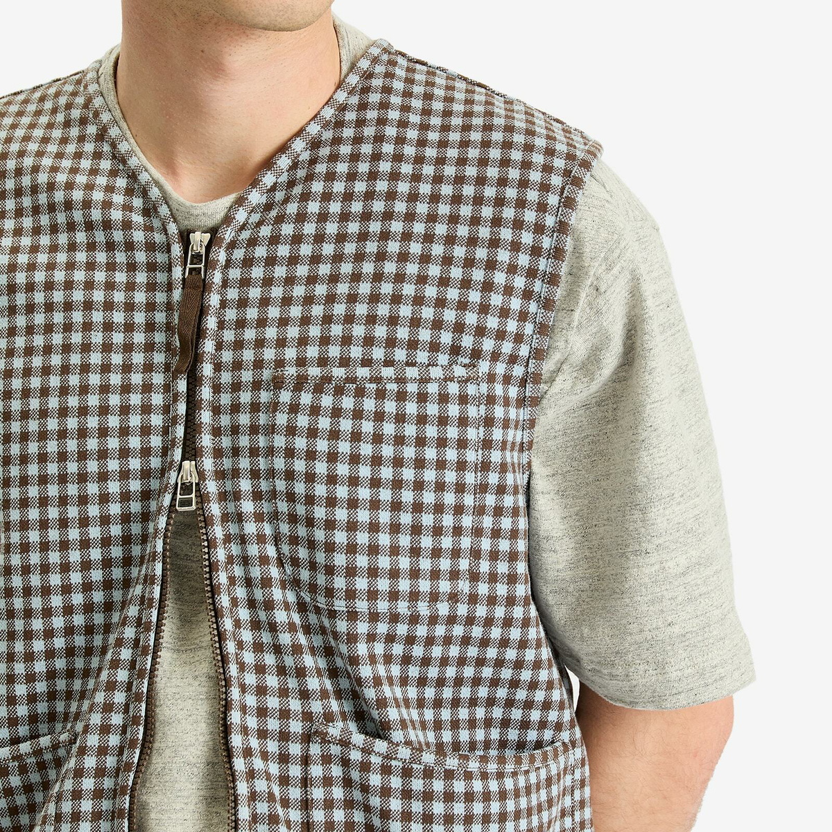 Universal Works Men's Gingham Cotton Zip Gilet in Brown/Sky
