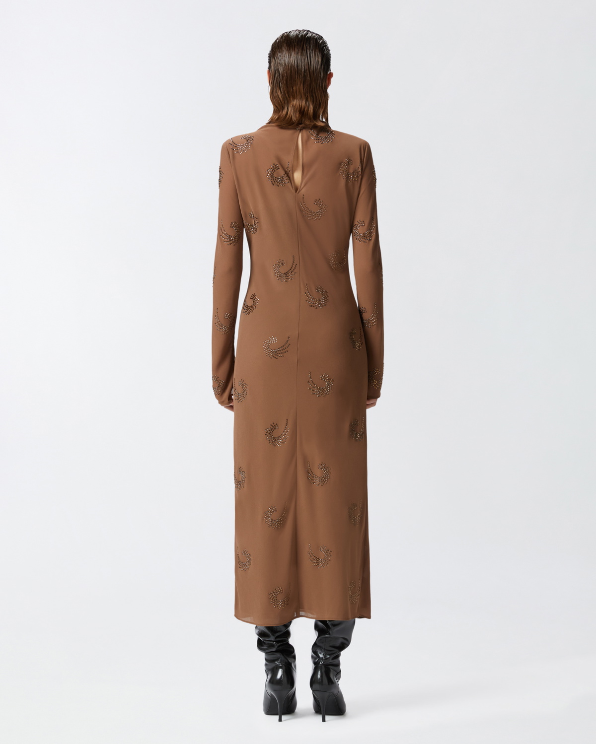 Pinko Long High Neck Dress With Rhinestone Swirls Brown Pine Cone