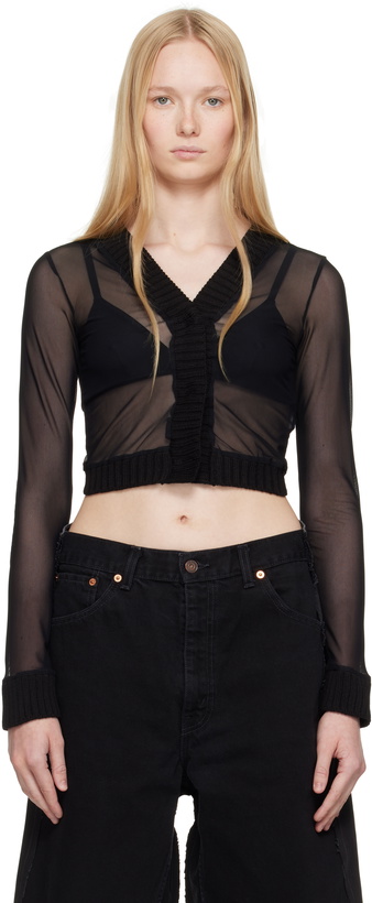 Photo: MM6 Maison Margiela Black Elastic Jersey Mesh Long-Sleeved Cardigan
