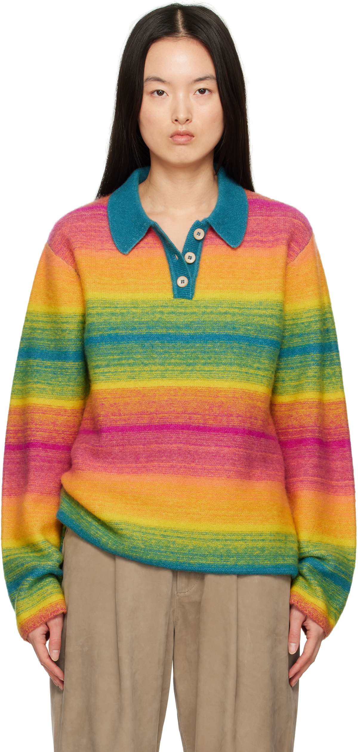 The Elder Statesman Multicolor Blurry Stripe Rugby Polo