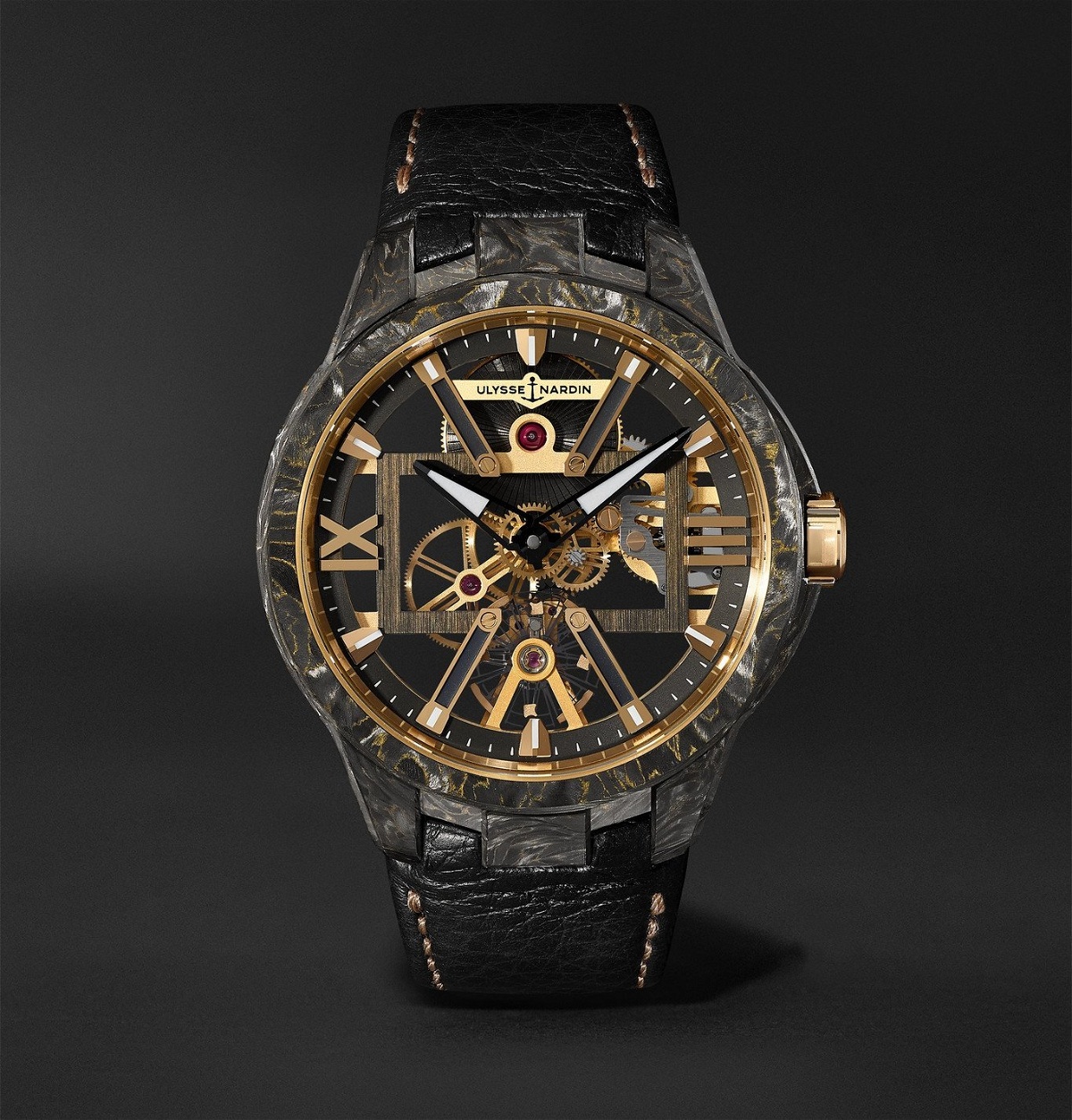 Photo: Ulysse Nardin - Skeleton X Hand-Wound 43mm Carbonium Gold and Full-Grain Leather Watch - Black