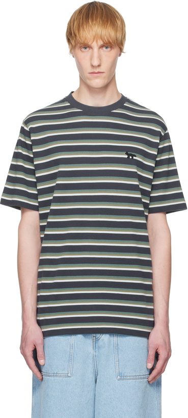 Photo: Maison Kitsuné Navy & Green Profile Fox Patch Striped Comfort T-shirt