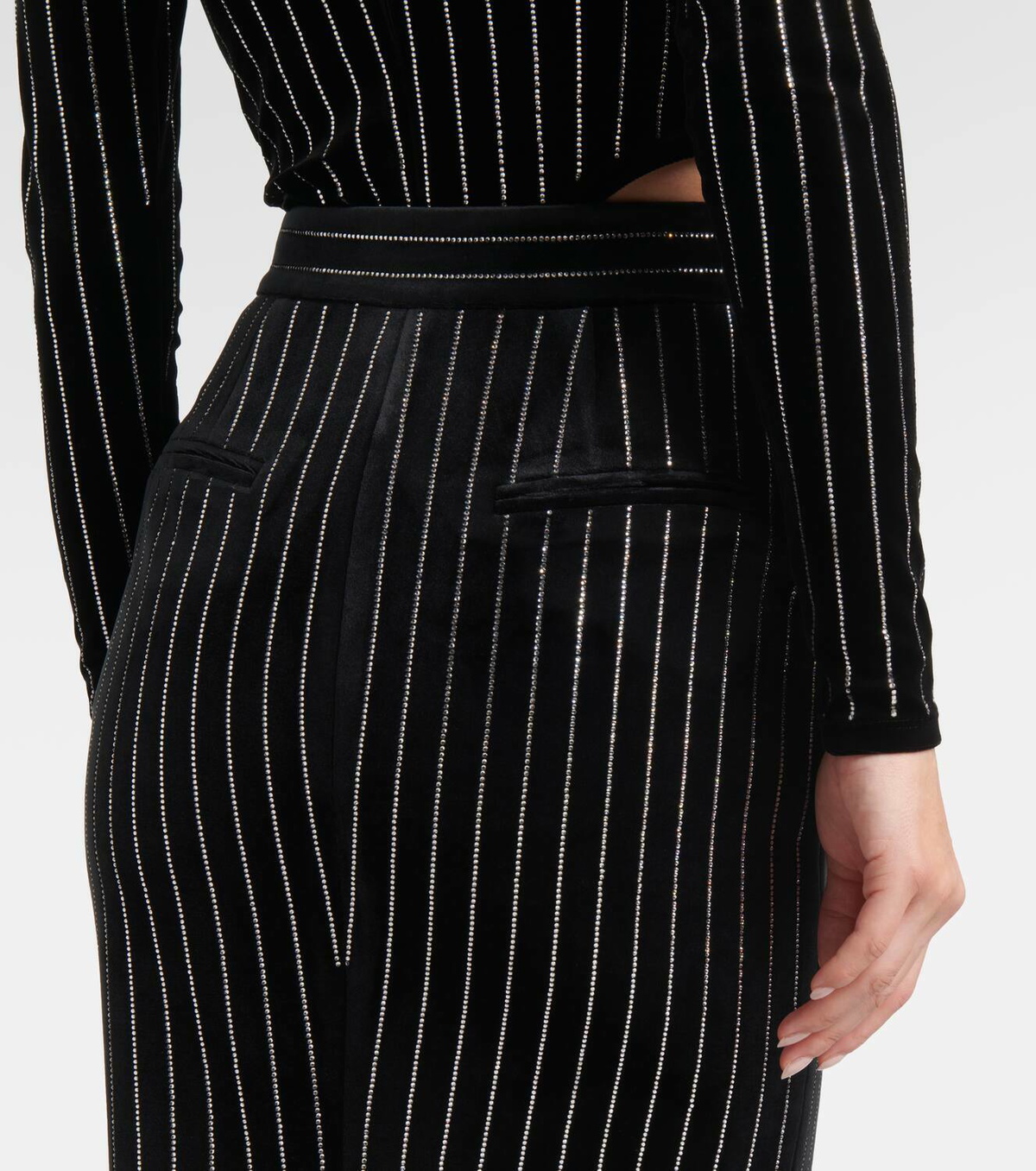 Alex Perry Column embellished pinstripe velvet maxi skirt
