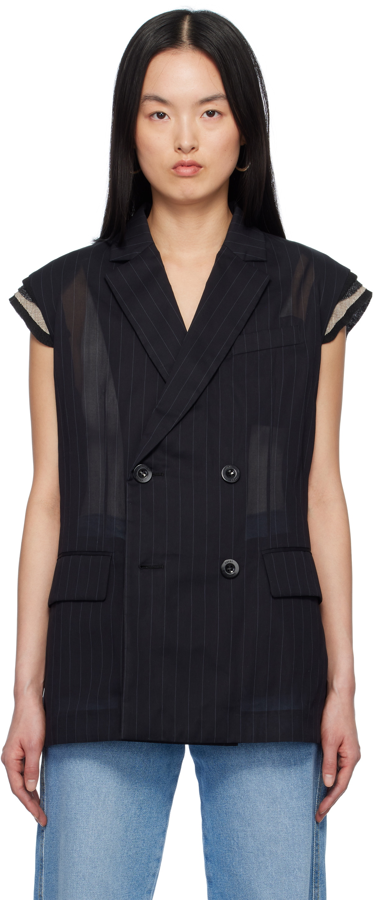 国内より1WEEK【sacai】High Twist Voile Vest Black Cotton SS25 Women's Clothing – LOZURI®