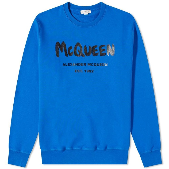 Photo: Alexander McQueen Men's Graffitti Logo Crew Sweat in Royal Blue/Black