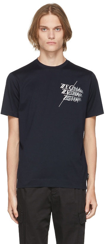 Photo: Z Zegna Navy Cotton Logo T-Shirt