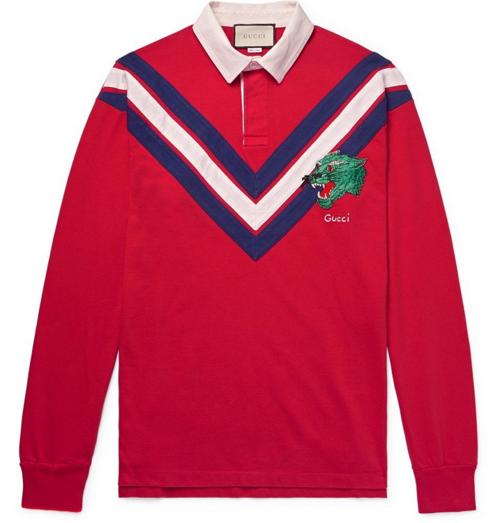 Photo: Gucci - Appliquéd Twill-Trimmed Cotton-Jersey Polo Shirt - Men - Red
