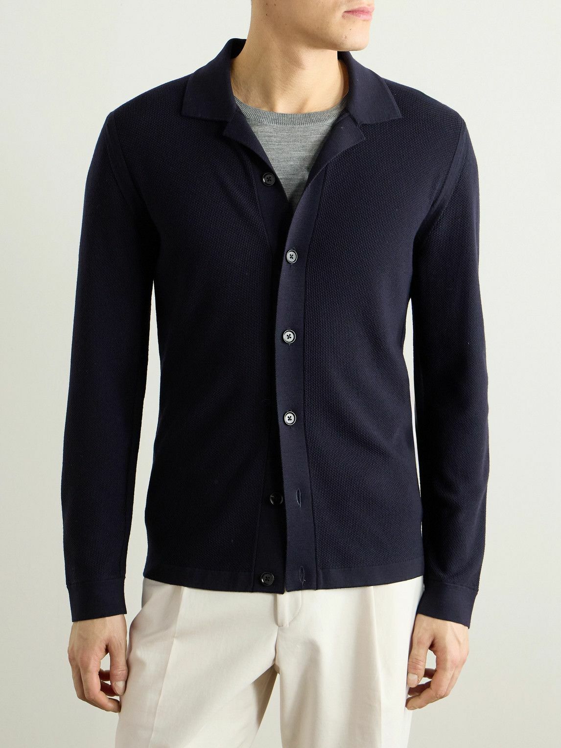Zegna - Camp-Collar Wool-Piqué Cardigan - Blue