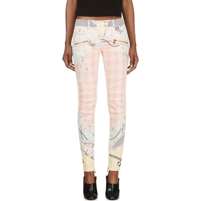 Photo: Balmain Pink Chain and Check Print Biker Jeans