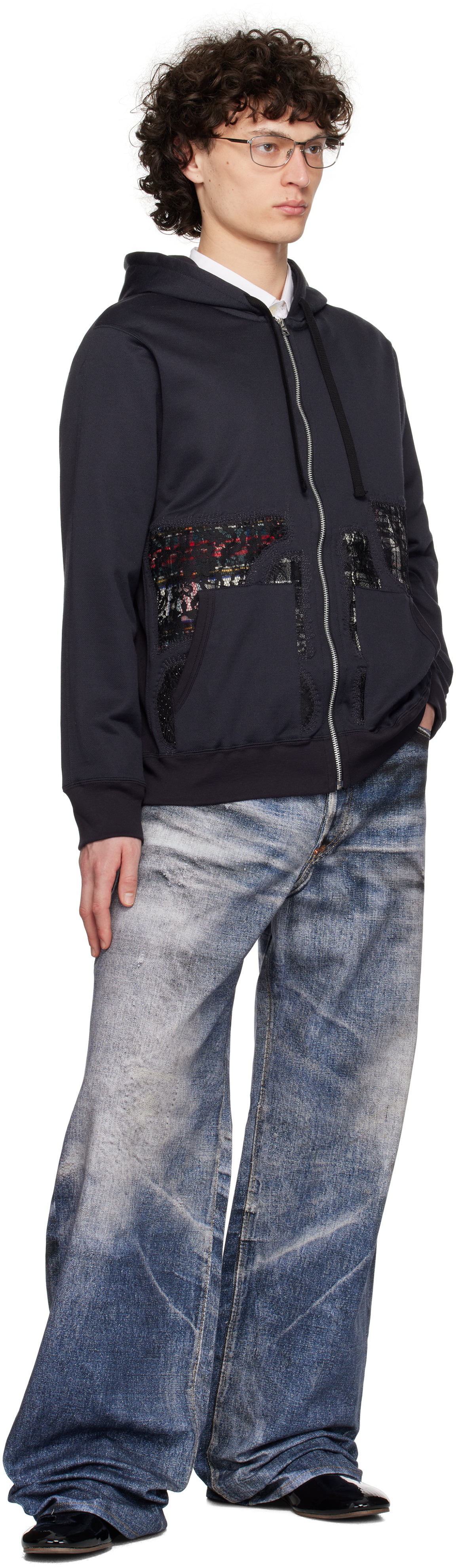 はぴはぴ様 Junya Watanabe Black Patchwork Zip-Up Hoodie Junya Watanabe