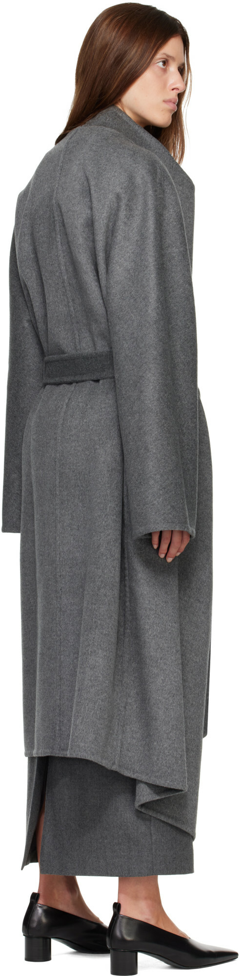 R2W Gray Porin Draped Button Wool Cash Coat
