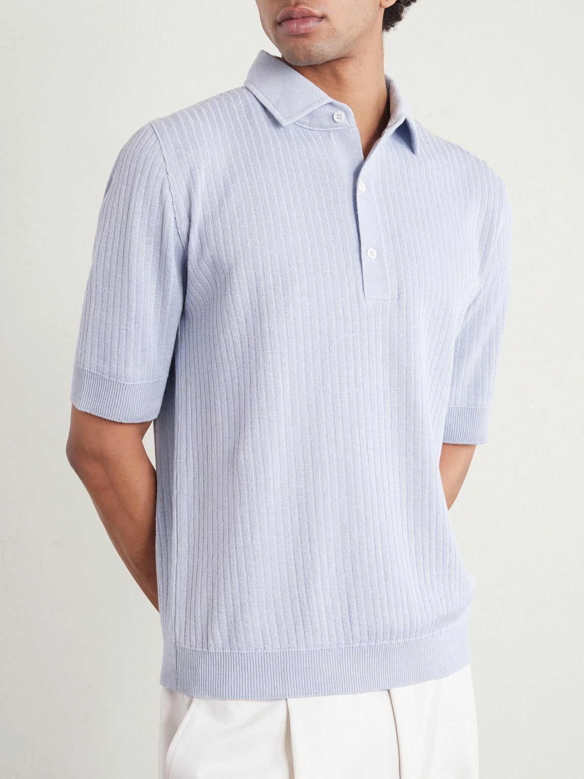 Lardini - Ribbed Linen and Cotton-Blend Polo Shirt - Blue