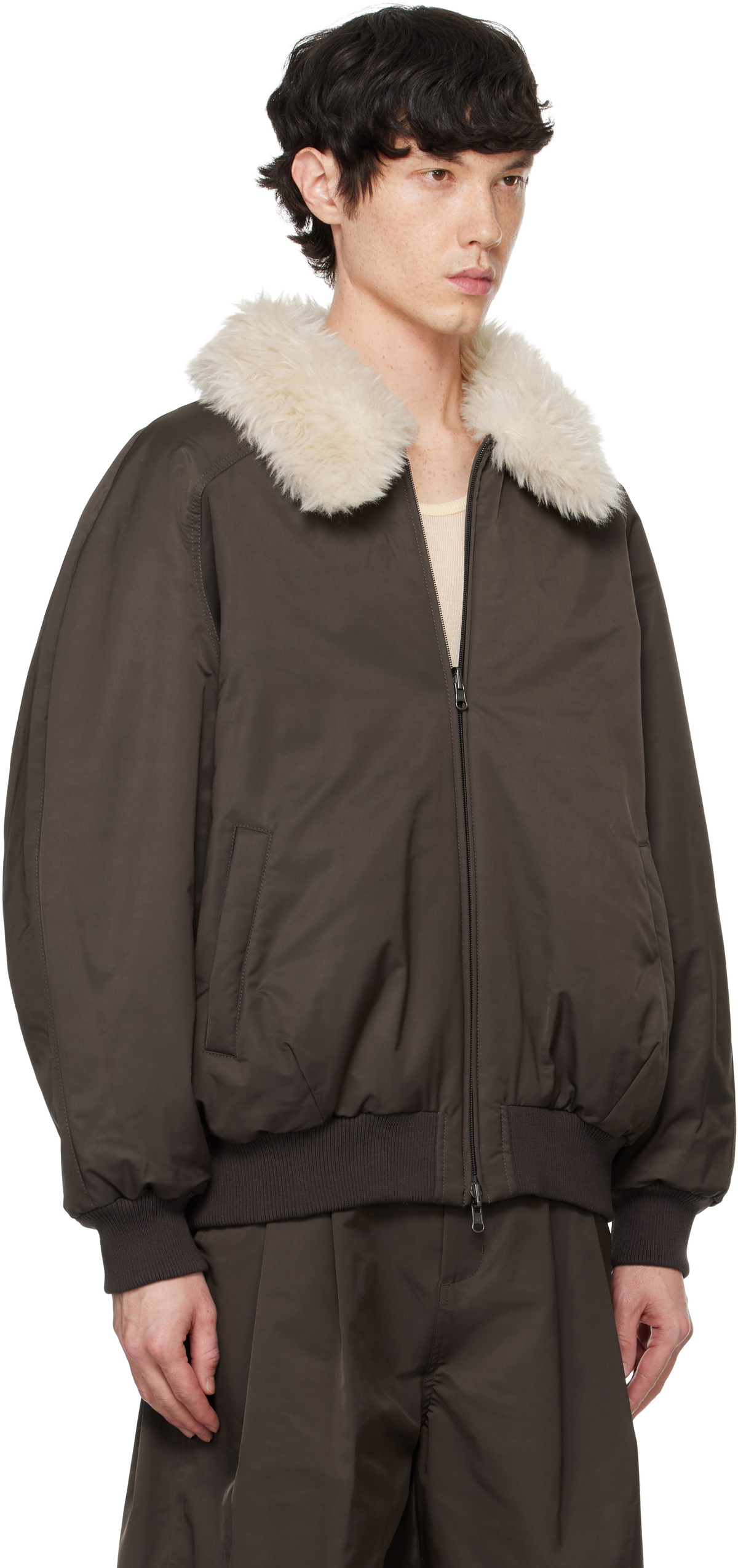 AMOMENTO Brown Oversized Shearing Reversible Bomber Jacket