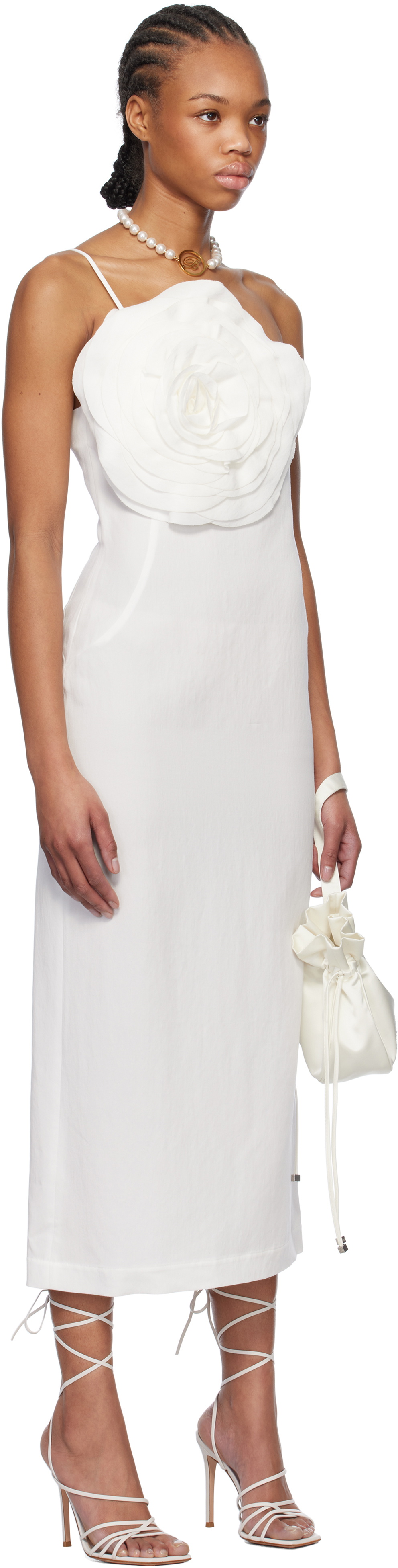 Blumarine White Sheath Rose Detail Midi Dress