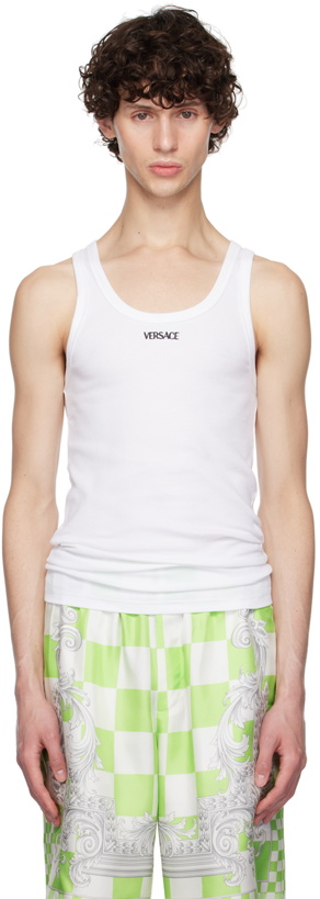 Photo: Versace Underwear White Embroidered Logo Tank Top