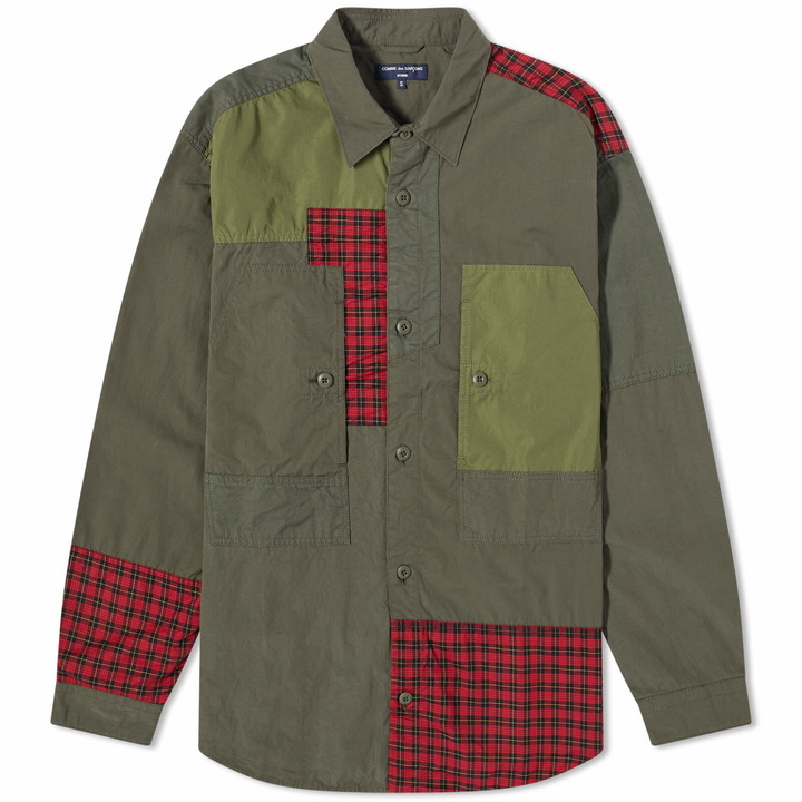 Photo: Comme Des Garçons Homme Men's Patchwork Fabric Shirt in Khaki/Red/Black