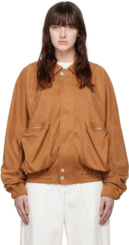Photo: lesugiatelier Tan Embroidered Faux-Leather Bomber Jacket