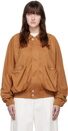 lesugiatelier Tan Embroidered Faux-Leather Bomber Jacket