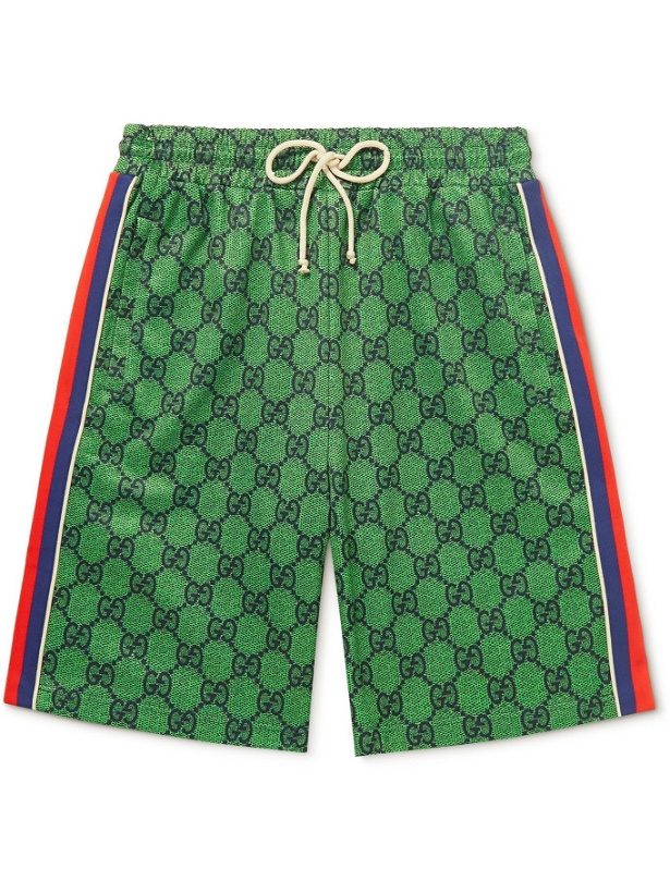 Photo: GUCCI - Webbing-Trimmed Monogrammed Tech-Jersey Drawstring Shorts - Green