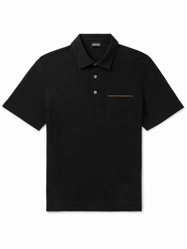 Photo: Zegna - Leather-Trimmed Cotton-Piqué Polo Shirt - Black