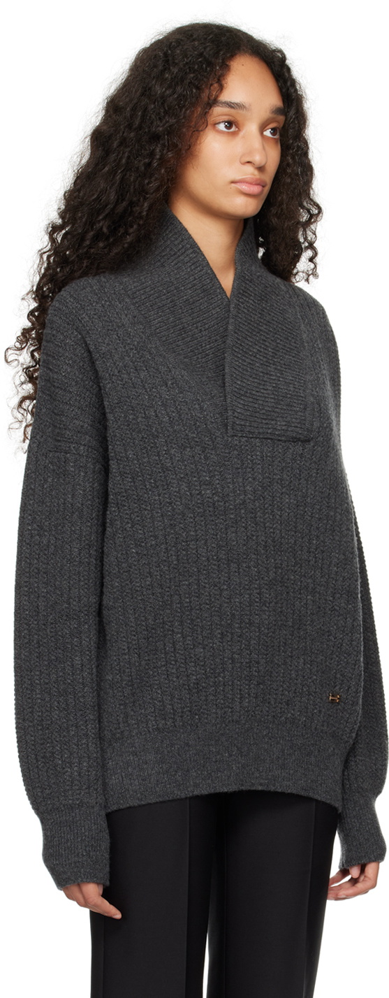 Victoria Beckham Gray Shawl Neck Knitted Sweater