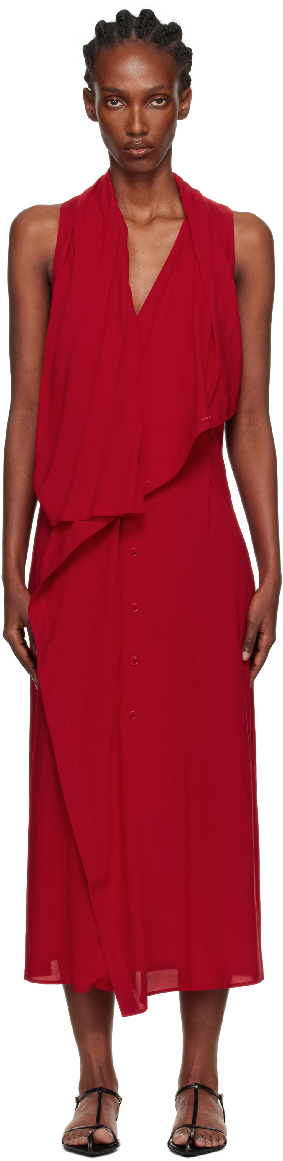 YOHJI YAMAMOTO Red Lawn Long Draped Sleeveless Maxi Dress