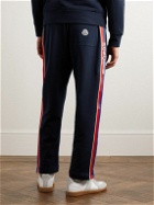 Moncler - Tapered Webbing-Trimmed Stretch-Cotton Jersey Sweatpants - Blue