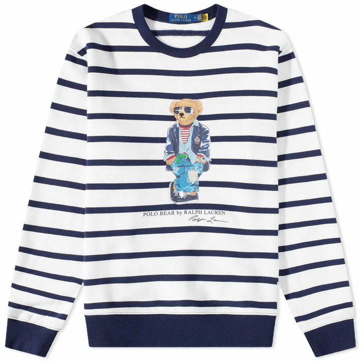 Photo: Polo Ralph Lauren Men's Regatta Bear Stripe Crew Sweat in White/Cruise Navy