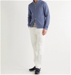 DUNHILL - Leather-Trimmed Ribbed Wool Zip-Up Cardigan - Blue