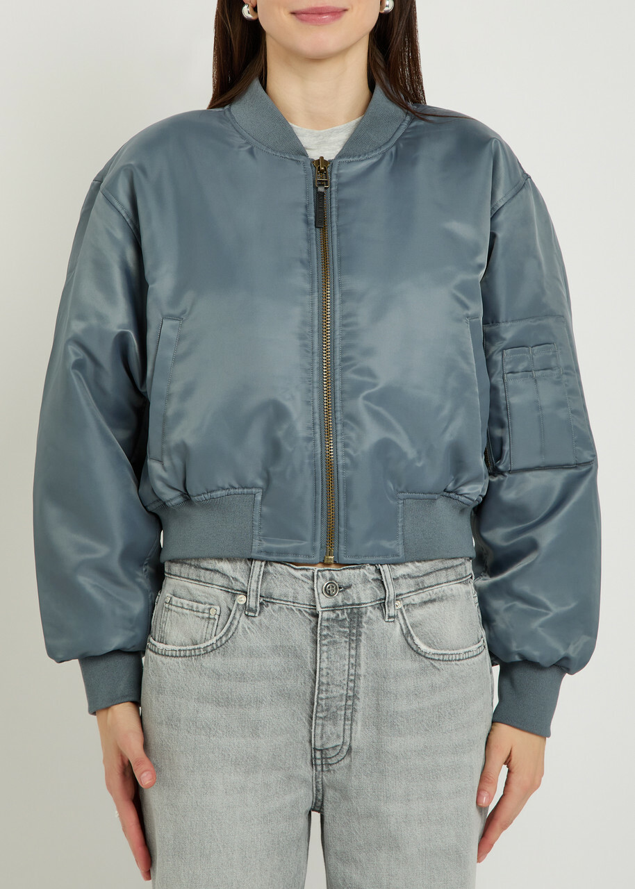 Anine Bing Leon Padded Satin-twill Cropped Bomber Jacket Dark Grey