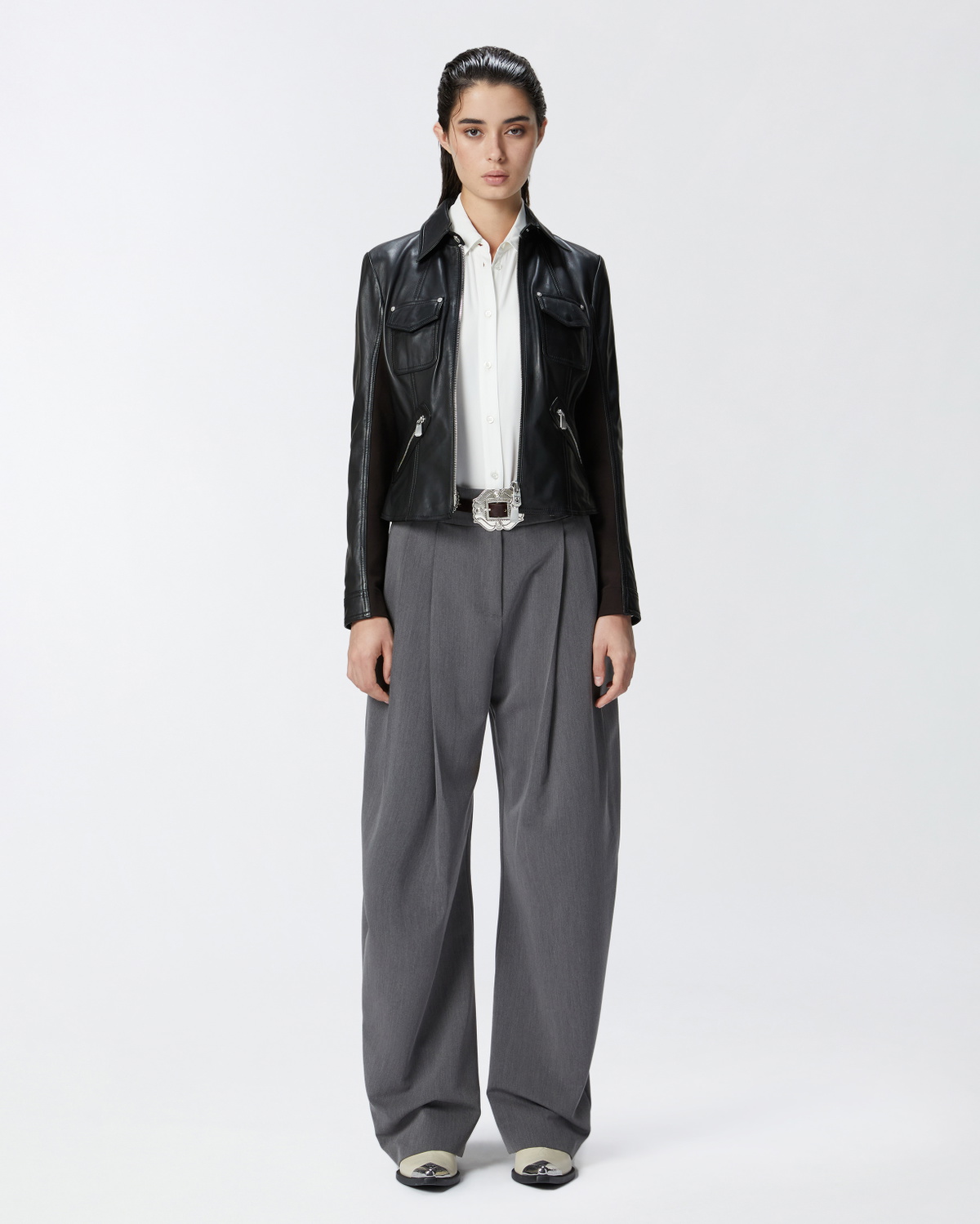 Pinko Short Leather And Technical Fabric Biker Jacket Limo Black