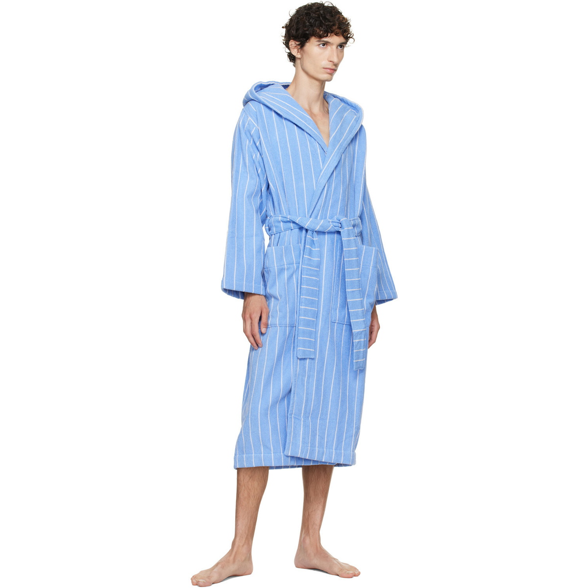 Tekla Blue & White Terry Hooded Bathrobe