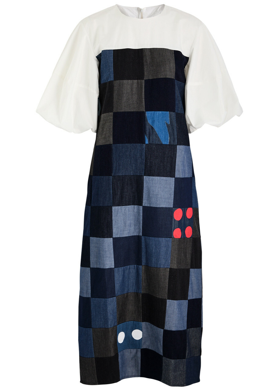 Lovebirds Checked Cotton Midi Dress Blue