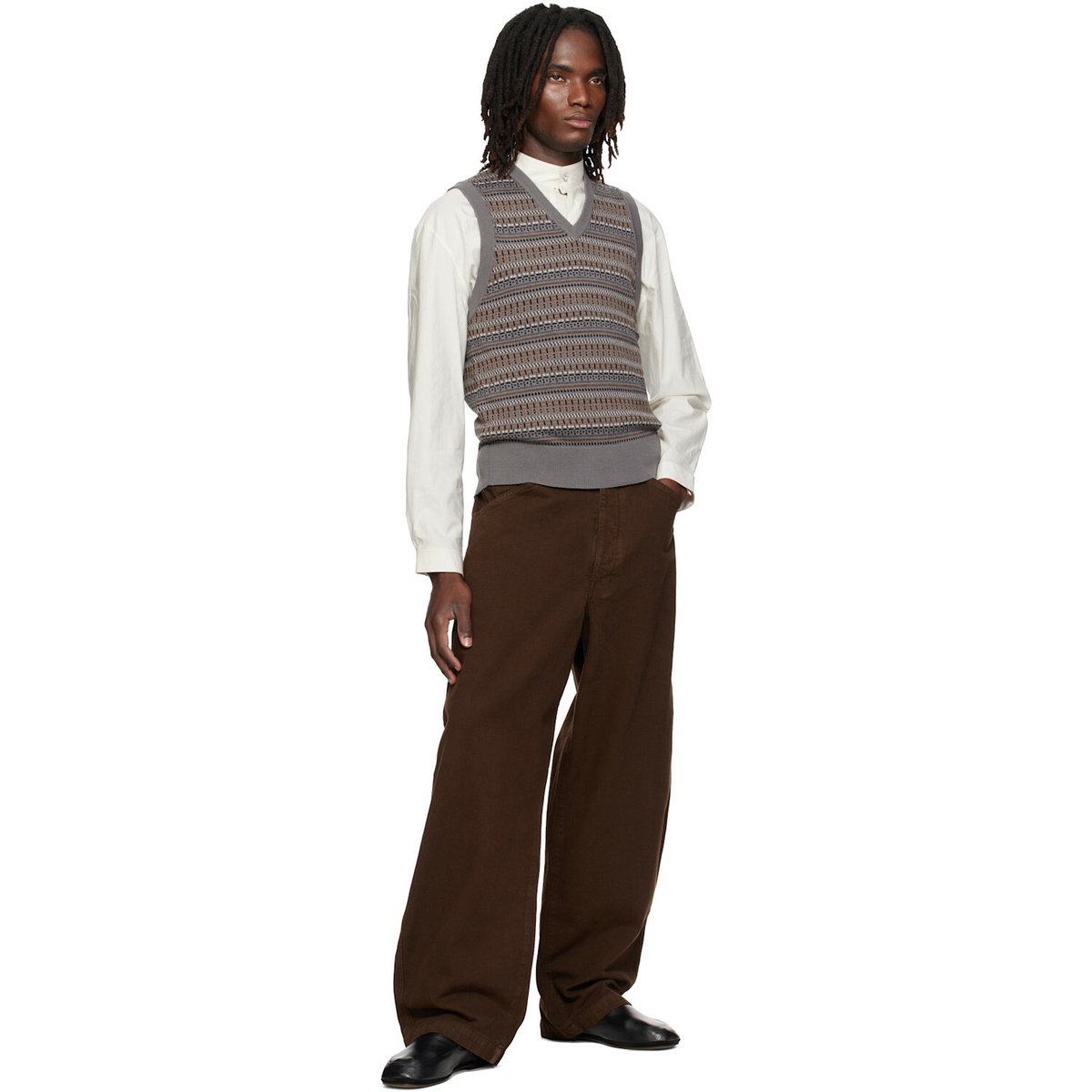 LEMAIRE Gray V-Neck Jacquard Sweater Vest