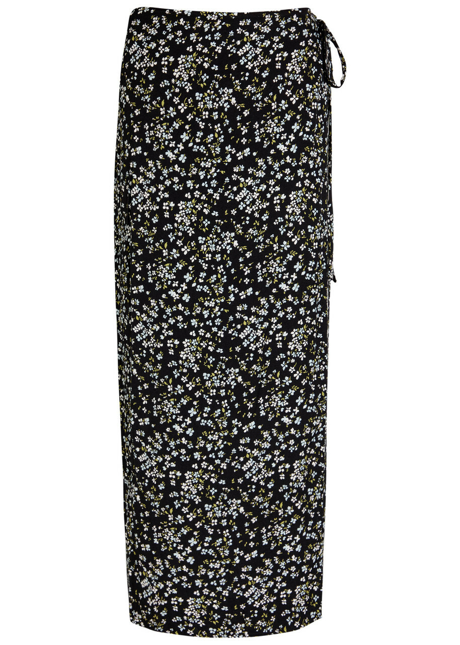 Reformation Opal Floral-print Crepe Midi Wrap Skirt Black