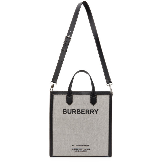 Burberry Kane Tote Horseferry Print Canvas with Leather Tall Black