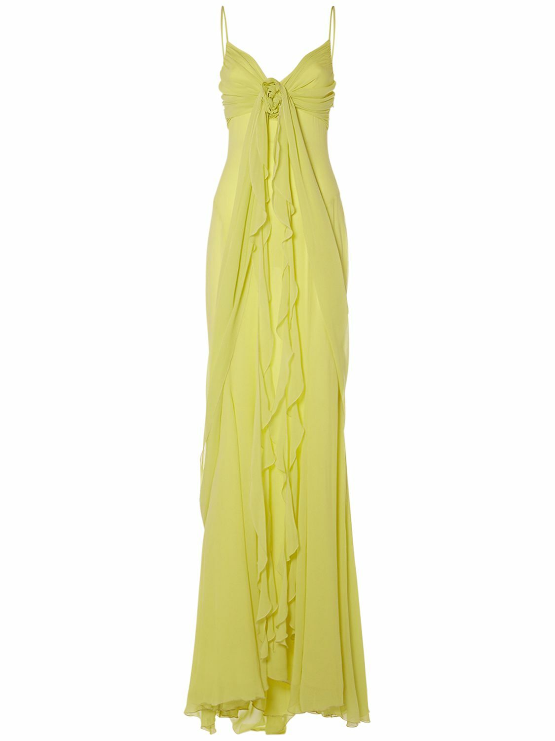 BLUMARINE - Ruffled Silk Long Dress W/rose Blumarine