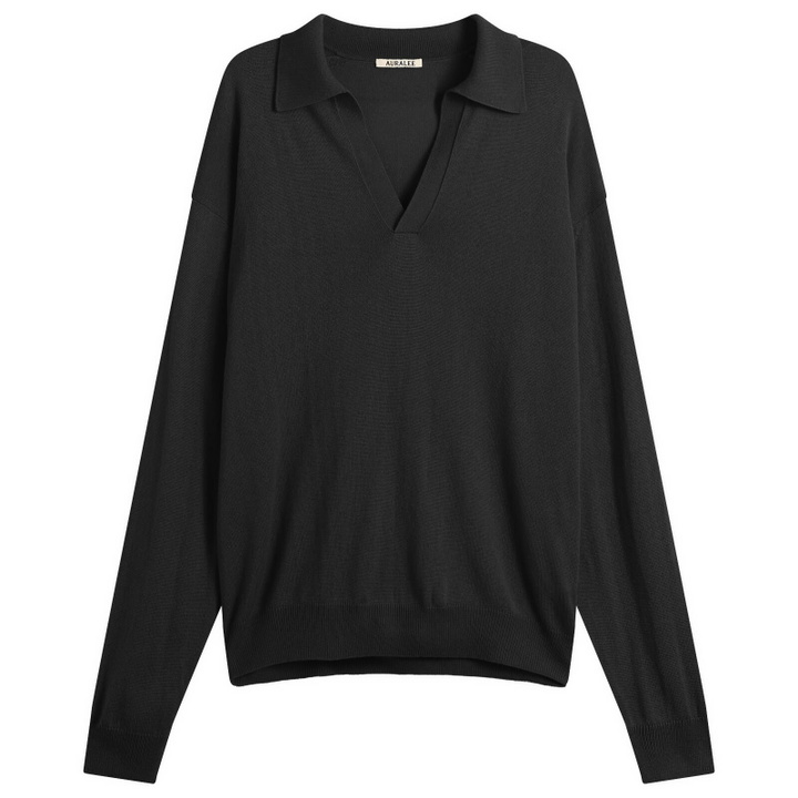 Photo: Auralee Men's Cashmere Silk Knit Skipper Polo in Black