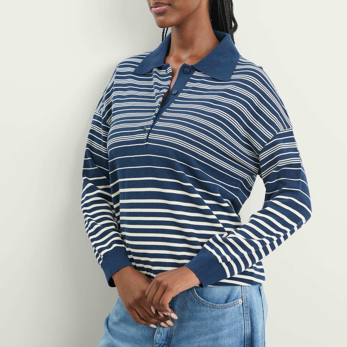 Faithfull The Brand Women's Harlow Oversized Polo Top in Scandi Stripe Navy Cream