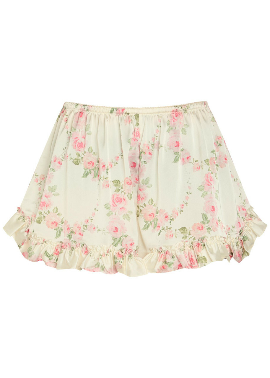 Simone Rocha Floral-print Ruffled Stretch-satin Shorts Cream