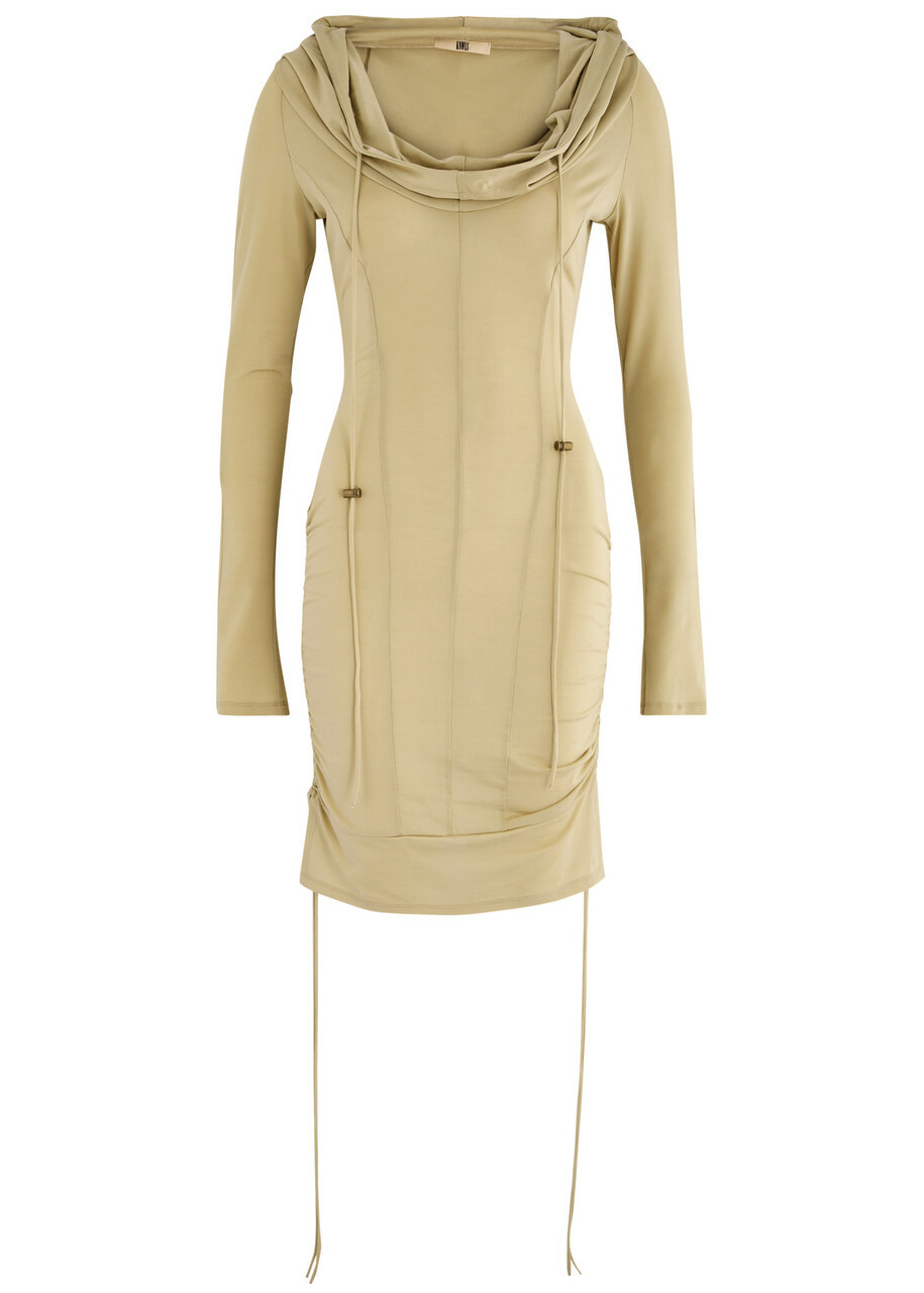 Knwls Hooded Ruched Stretch-jersey Mini Dress Olive KNWLS Knwls Hooded Ruched Stretch-jersey Mini Dress Olive KNWLS