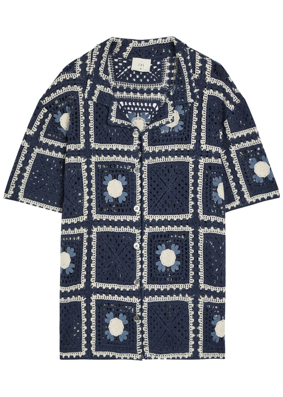 Che Tejer Patchwork Crochet Open-knit Shirt Navy