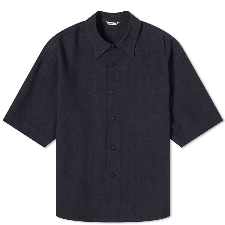 Photo: Auralee Men's Linen Silk Short Sleeve Shirt in Dark Navy
