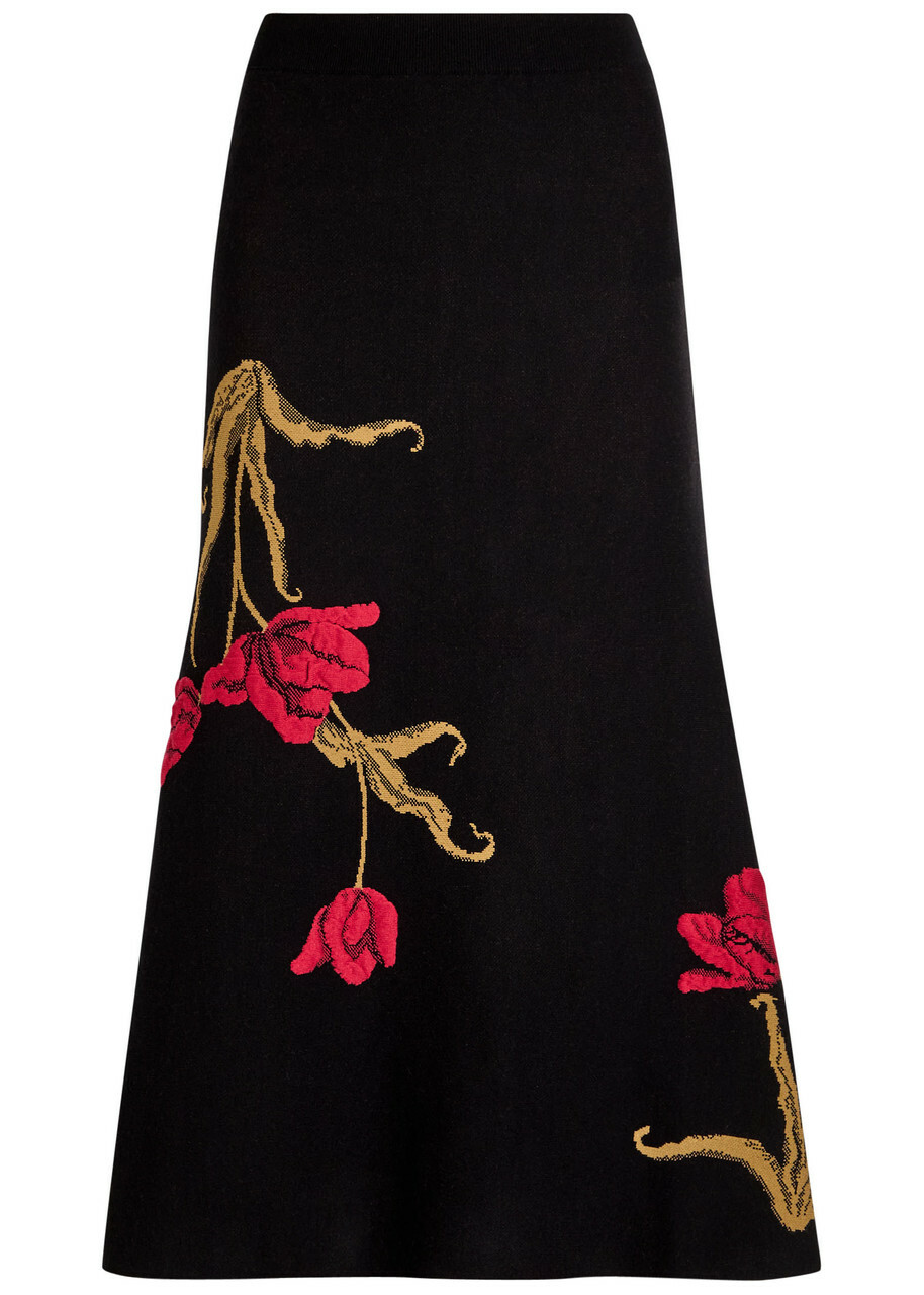 Erdem Floral-intarsia Knit Midi Skirt Black