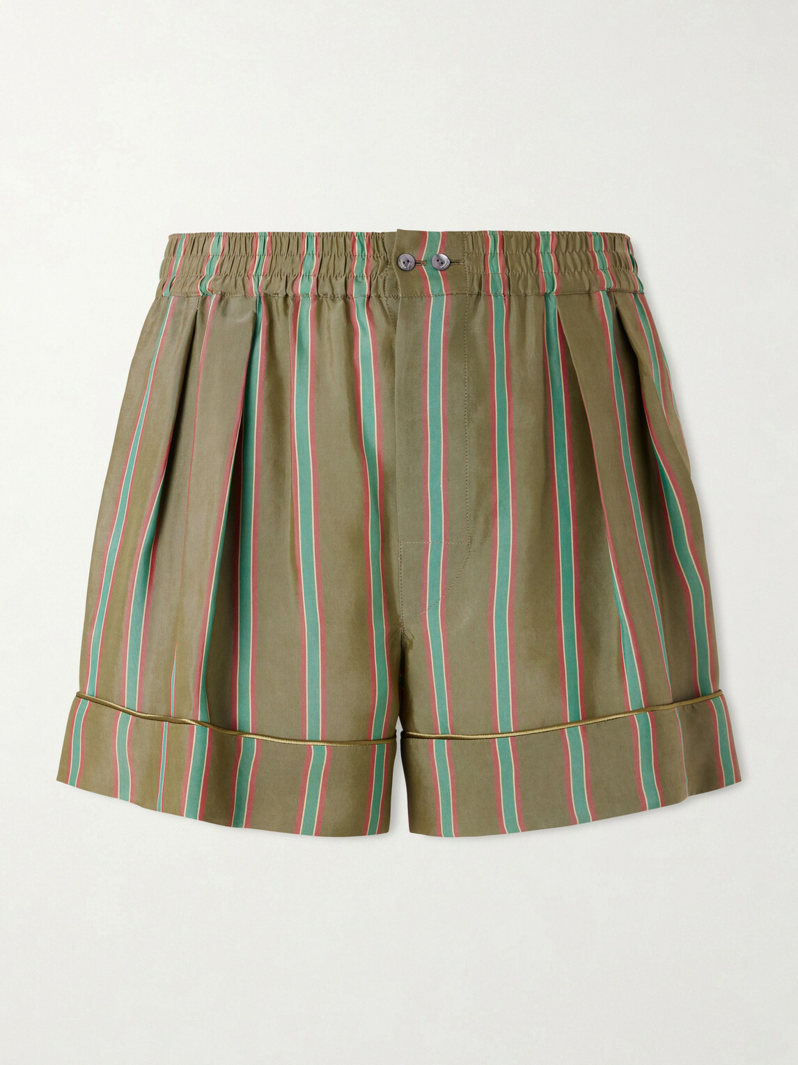 SAINT LAURENT - Wide-Leg Piped Pleated Striped Recycled-Twill Shorts - Green